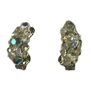 Vintage Hand Made Crystal AB Beaded Statement Silver Clip on Earrings Party Wedd